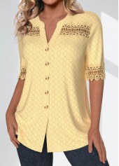 Patchwork Light Yellow Short Sleeve Split Neck Blouse