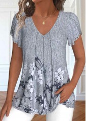 Floral Print Patchwork Dark Grey Short Sleeve T Shirt