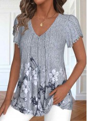 Floral Print Patchwork Dark Grey Short Sleeve T Shirt