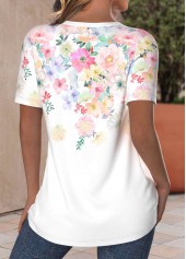 Floral Print Criss Cross White Short Sleeve T Shirt
