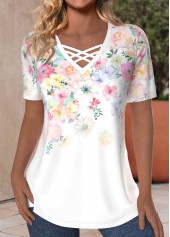 Floral Print Criss Cross White Short Sleeve T Shirt