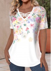 Floral Print Criss Cross White Short Sleeve T Shirt