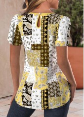 Tribal Print Cut Out Light Yellow Short Sleeve Blouse