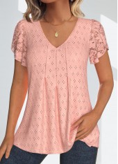 Lace Dusty Pink Short Sleeve V Neck Blouse