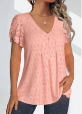 Lace Dusty Pink Short Sleeve V Neck Blouse