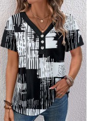 Graffiti Print Button Black Short Sleeve V Neck Blouse