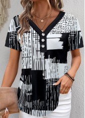 Graffiti Print Button Black Short Sleeve V Neck Blouse