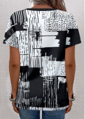 Graffiti Print Button Black Short Sleeve V Neck Blouse