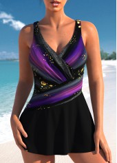 Striped Surplice Black One Piece Swimdress