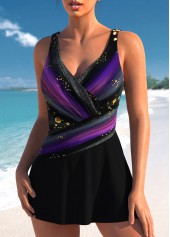 Striped Surplice Black One Piece Swimdress