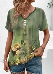 Floral Print Button Sage Green Short Sleeve T Shirt