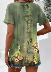 Floral Print Button Sage Green Short Sleeve T Shirt