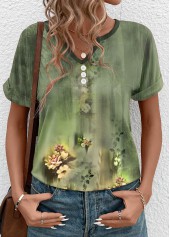 Floral Print Button Sage Green Short Sleeve T Shirt