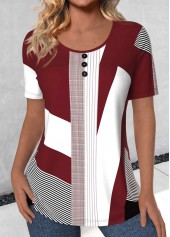 Geometric Print Button Deep Red Short Sleeve T Shirt