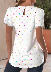 Polka Dot Tuck Stitch White Short Sleeve T Shirt