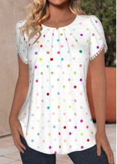 Polka Dot Tuck Stitch White Short Sleeve T Shirt