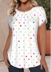 Polka Dot Tuck Stitch White Short Sleeve T Shirt