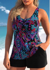 Paisley Print Lace Up Black Tankini Set