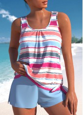 Multi Stripe Print Patchwork Dusty Blue Tankini Set