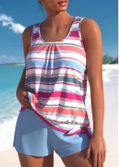 Multi Stripe Print Patchwork Dusty Blue Tankini Set