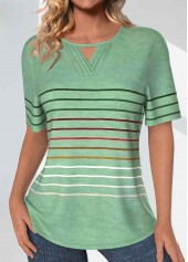 Striped Tuck Stitch Light Green Short Sleeve T Shirt