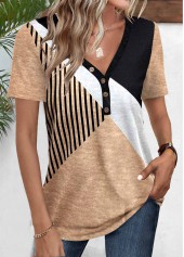 Geometric Print Patchwork Light Camel Short Sleeve T Shirt