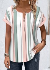Striped Zipper White Short Sleeve Round Neck Blouse