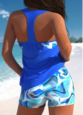 Wave Pattern Print Fake 2in1 Royal Blue Tankini Set