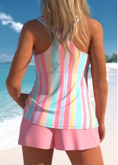 Multi Stripe Print Lace Up Pink Tankini Set