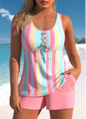 Multi Stripe Print Lace Up Pink Tankini Set
