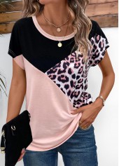 Leopard Patchwork Light Pink Short Sleeve T Shirt