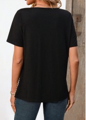 Striped Patchwork Black Short Sleeve Split Neck T Shirt