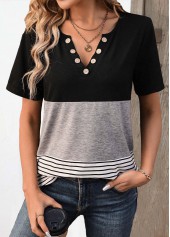 Striped Patchwork Black Short Sleeve Split Neck T Shirt