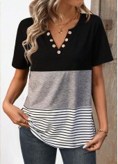 Striped Patchwork Black Short Sleeve Split Neck T Shirt