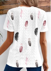Feathers Print Breathable White Short Sleeve V Neck Blouse
