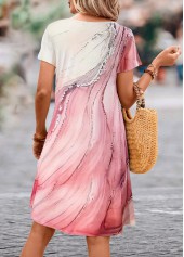 Wave Pattern Print Asymmetry Pink A Line Dress