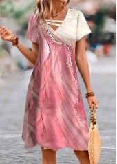 Wave Pattern Print Asymmetry Pink A Line Dress