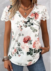 Floral Print Lace White Short Sleeve T Shirt