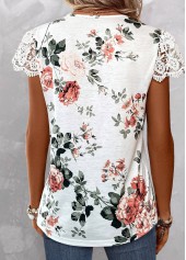 Floral Print Lace White Short Sleeve T Shirt