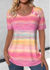Ombre Button Pink Short Sleeve Round Neck T Shirt