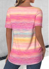 Ombre Button Pink Short Sleeve Round Neck T Shirt