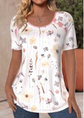 Floral Print Button White Short Sleeve T Shirt