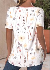 Floral Print Button White Short Sleeve T Shirt