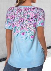 Floral Print Criss Cross Light Blue T Shirt