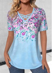 Floral Print Criss Cross Light Blue T Shirt