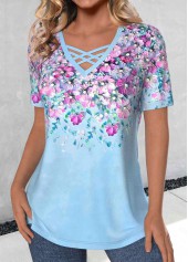 Floral Print Criss Cross Light Blue T Shirt