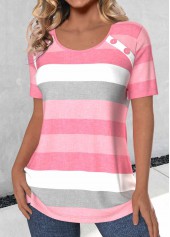 Striped Button Light Pink Short Sleeve T Shirt