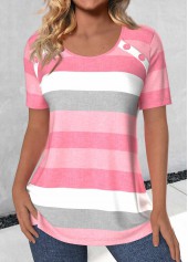 Striped Button Light Pink Short Sleeve T Shirt