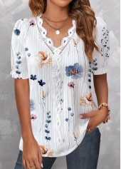 Floral Print Lace White Short Sleeve V Neck Blouse