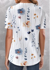 Floral Print Lace White Short Sleeve V Neck Blouse